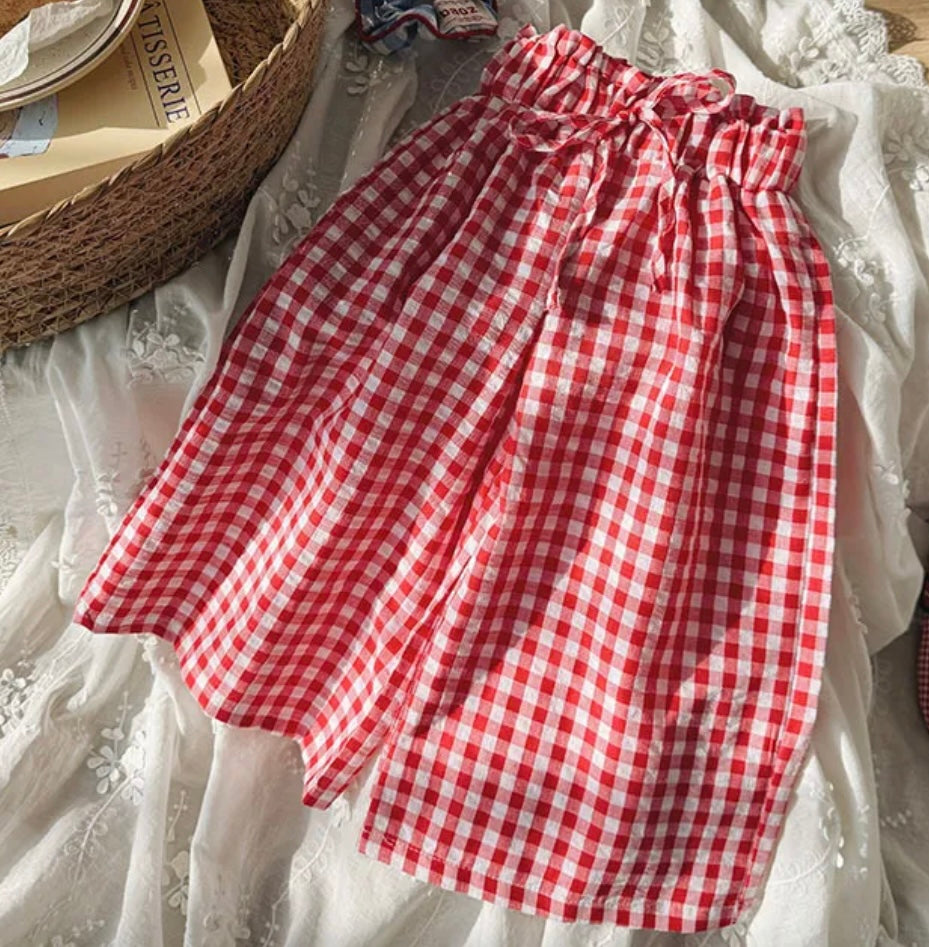 red gingham wide leg pant